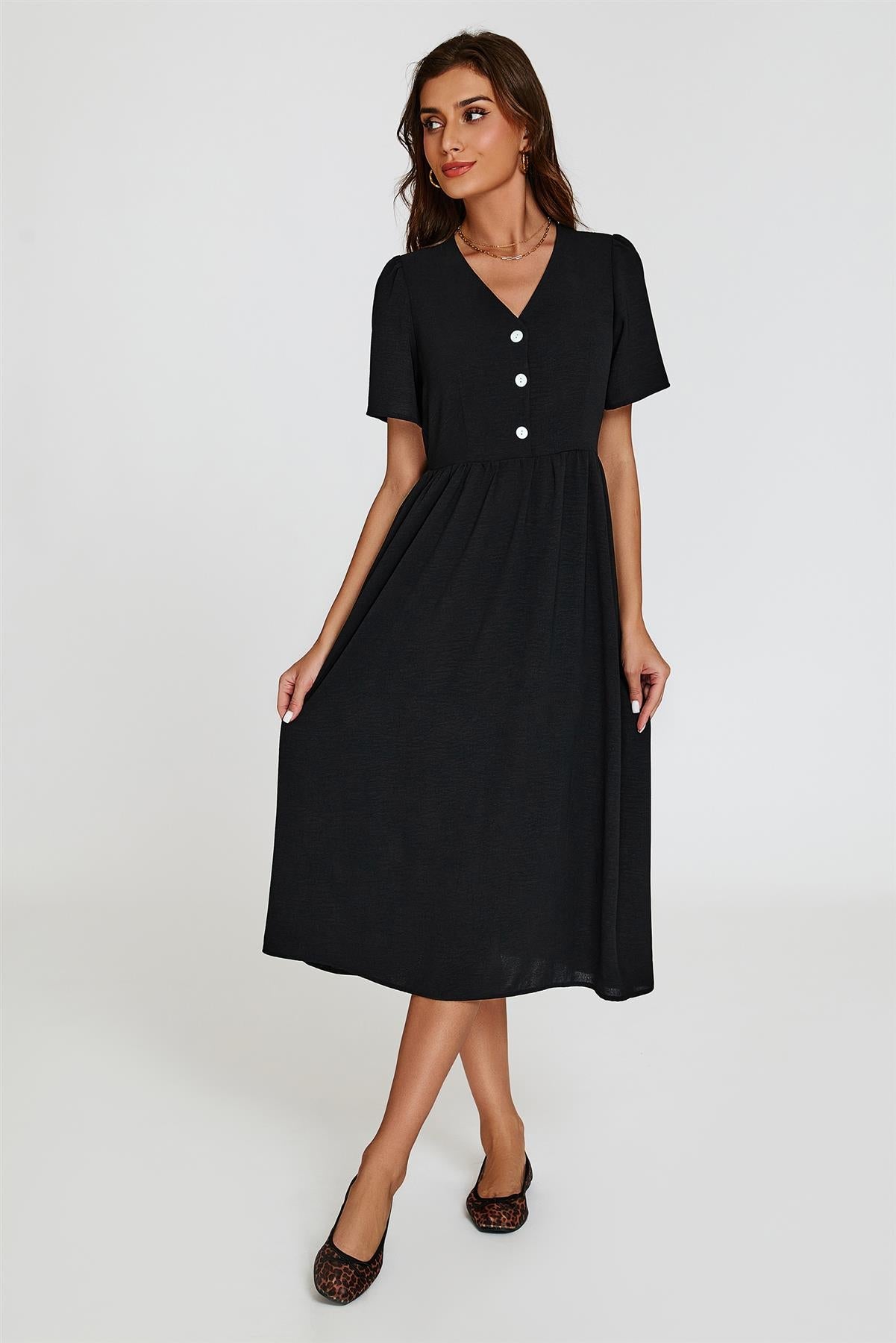 Button Front Midi Dress In Black - AXON