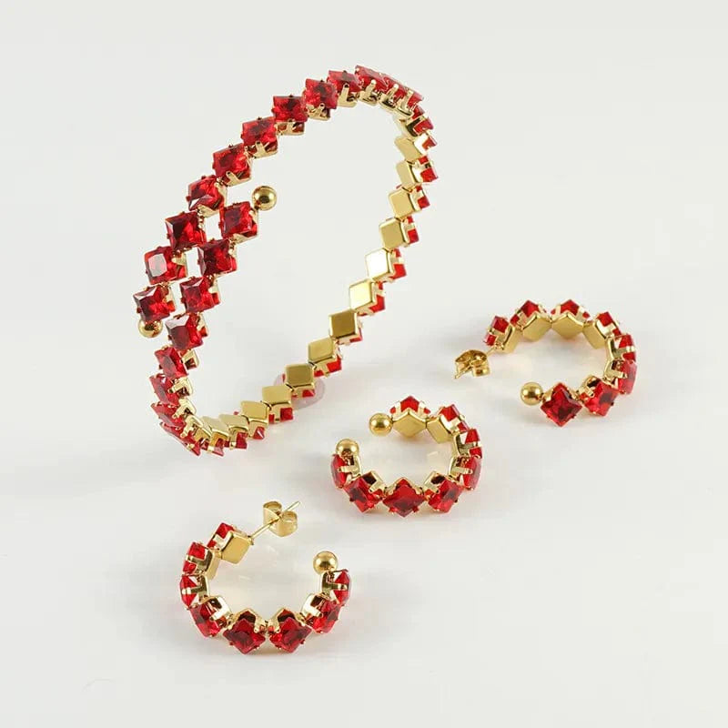Schmuckset mit Strasssteinen in Weiß, Rot oder Grün