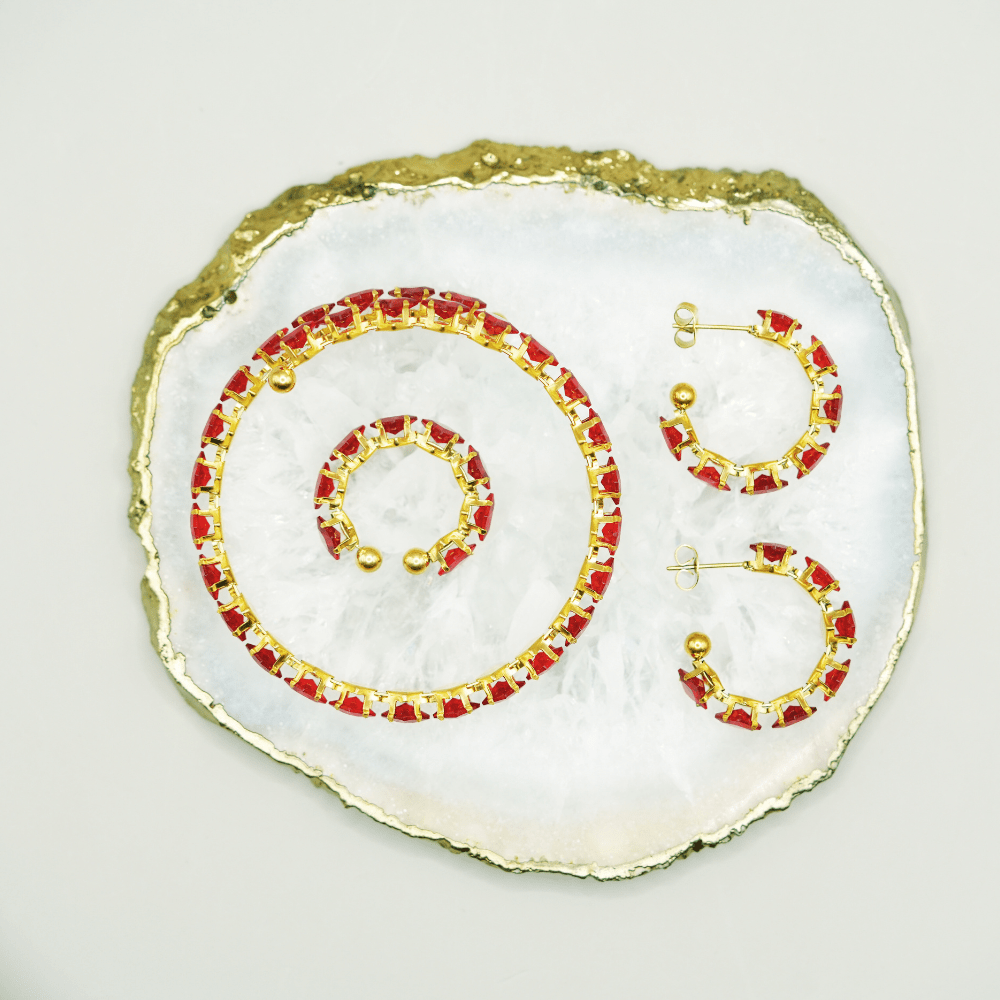 Schmuckset mit Strasssteinen in Weiß, Rot oder Grün