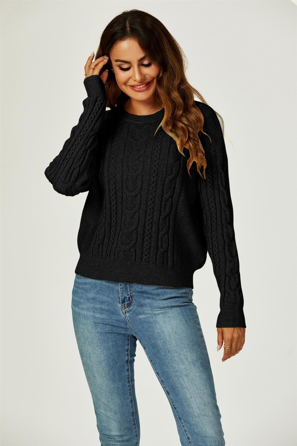 Cable Knit Crew Neck Jumper In Black - AXON