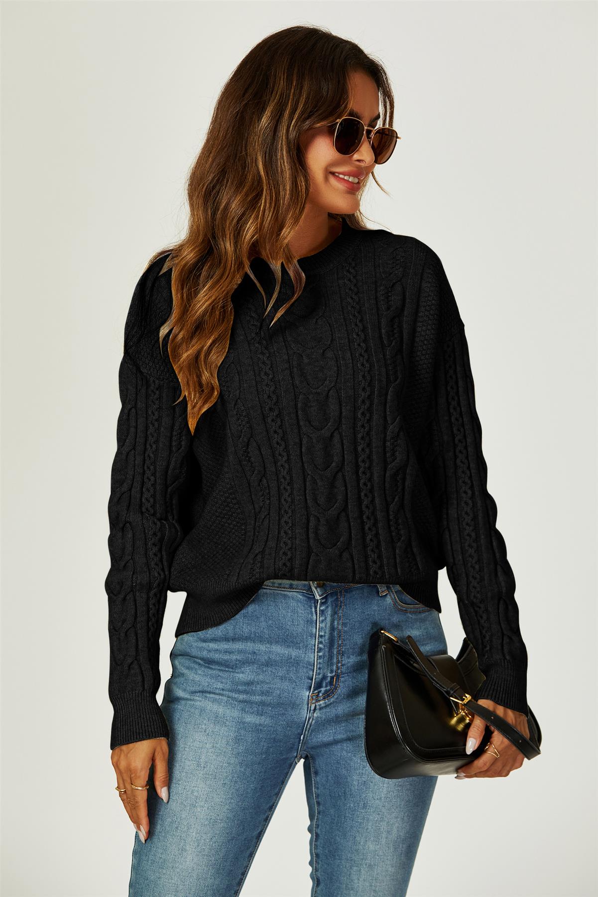 Cable Knit Crew Neck Jumper In Black - AXON