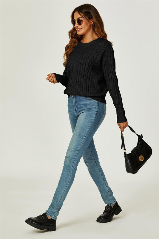 Cable Knit Crew Neck Jumper In Black - AXON