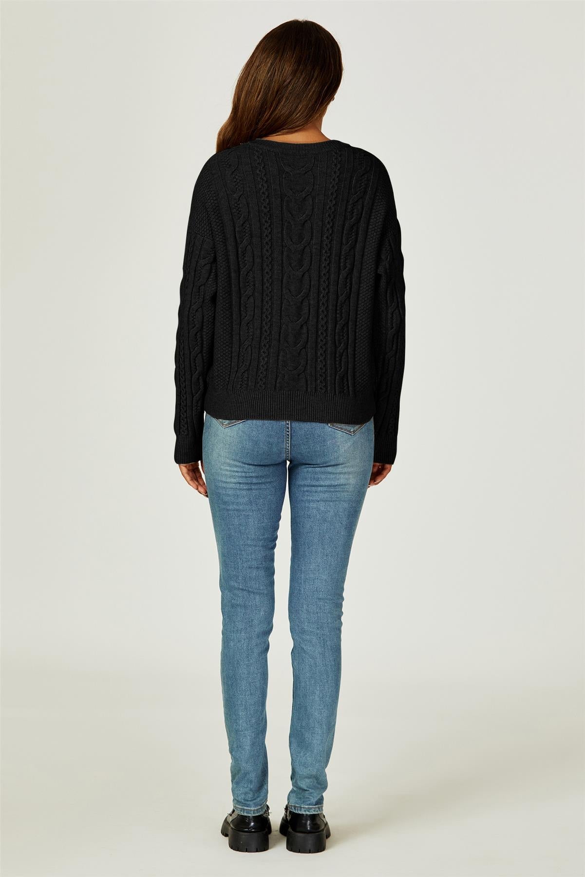 Cable Knit Crew Neck Jumper In Black - AXON