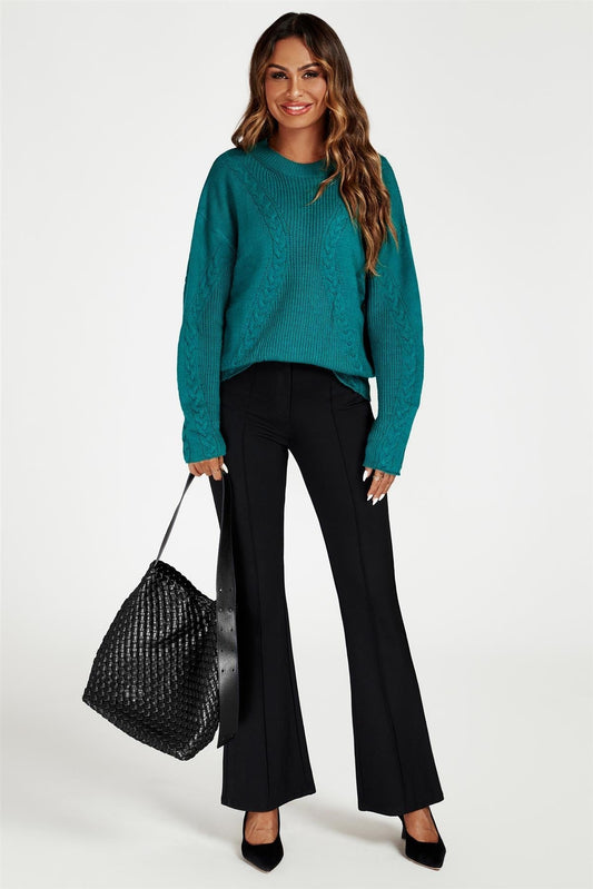 Cable Knit Crew Neck Jumper In Dark Green - AXON