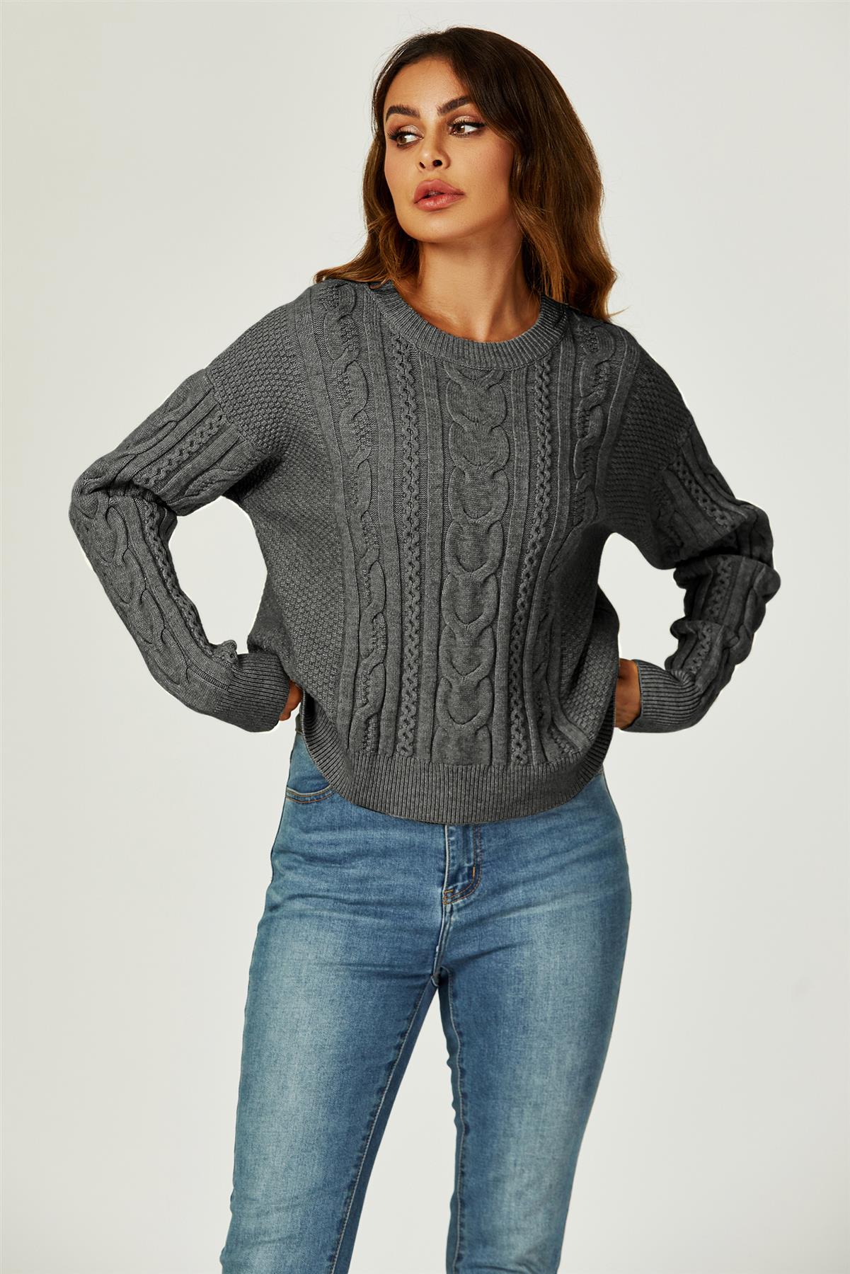 Cable Knit Crew Neck Jumper In Dark Grey - AXON