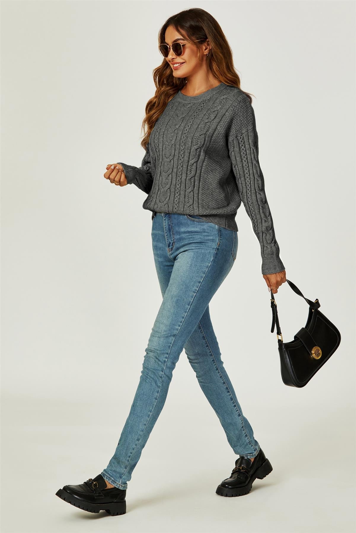 Cable Knit Crew Neck Jumper In Dark Grey - AXON