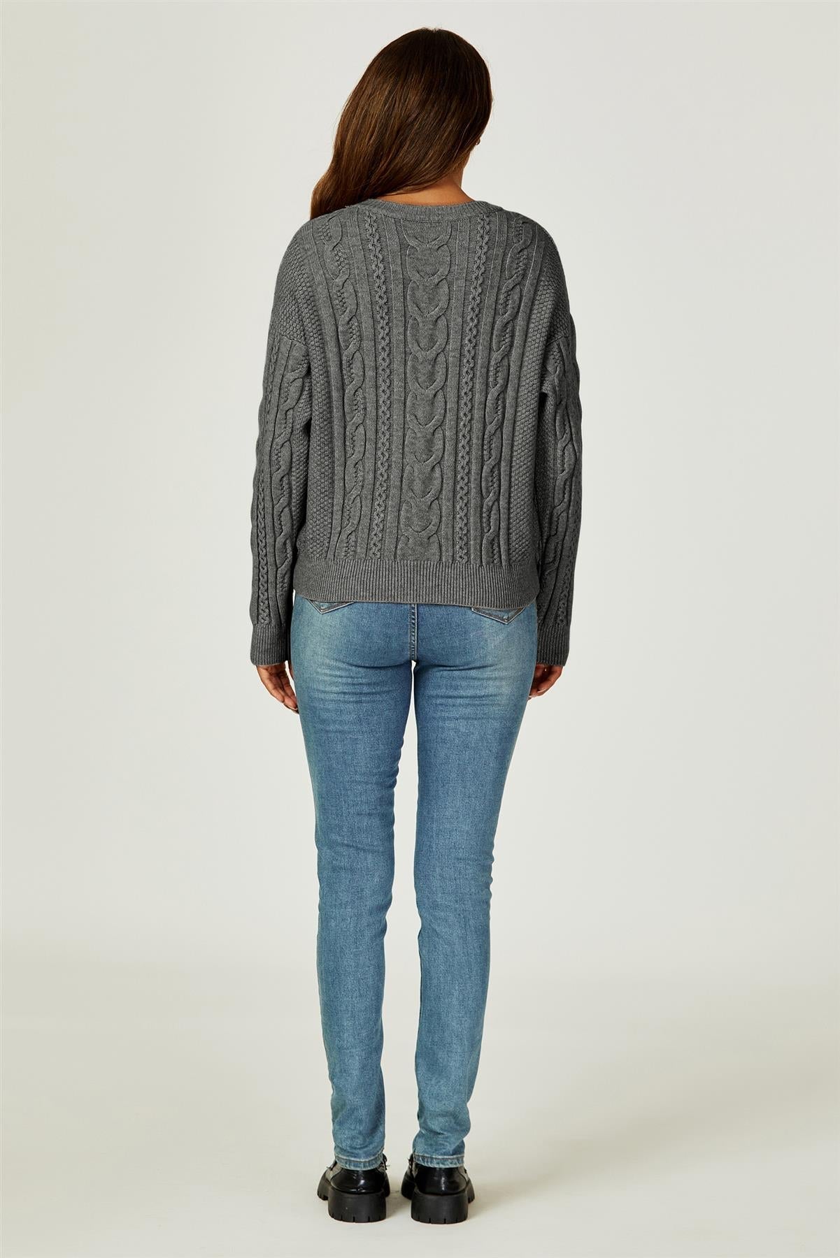 Cable Knit Crew Neck Jumper In Dark Grey - AXON