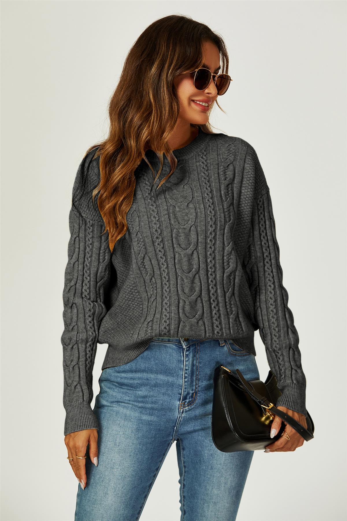 Cable Knit Crew Neck Jumper In Dark Grey - AXON