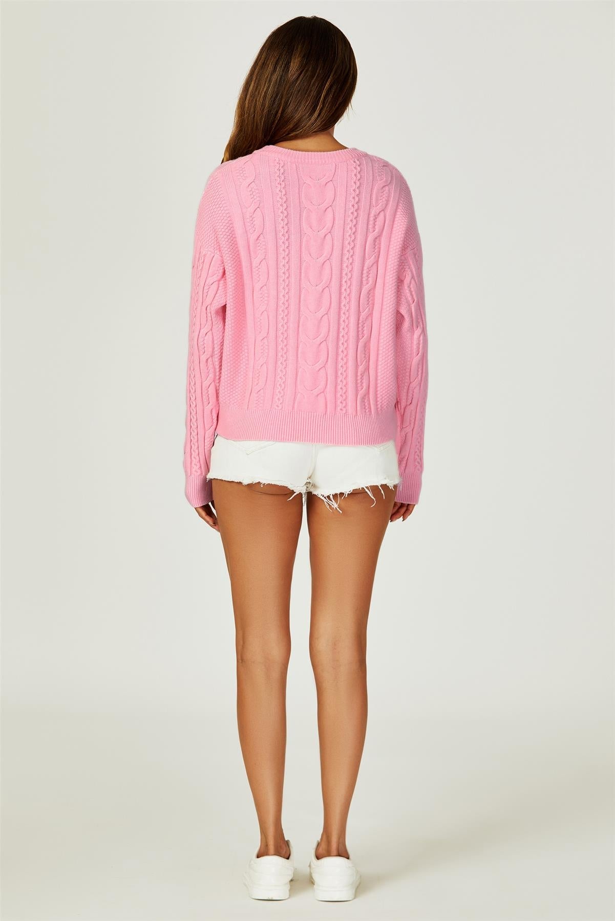 Cable Knit Crew Neck Jumper In Pink - AXON