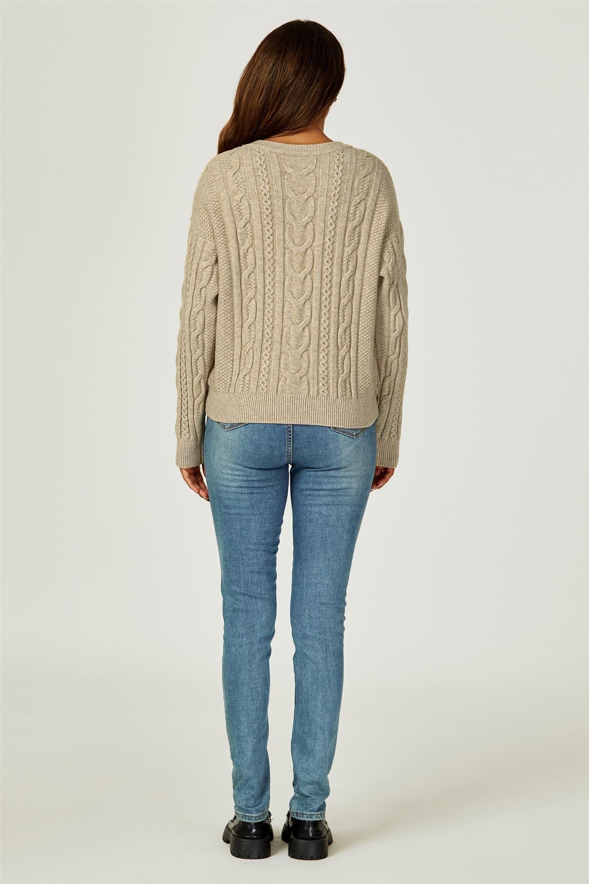 Cable Knit Crew Neck Jumper In Taupe - AXON