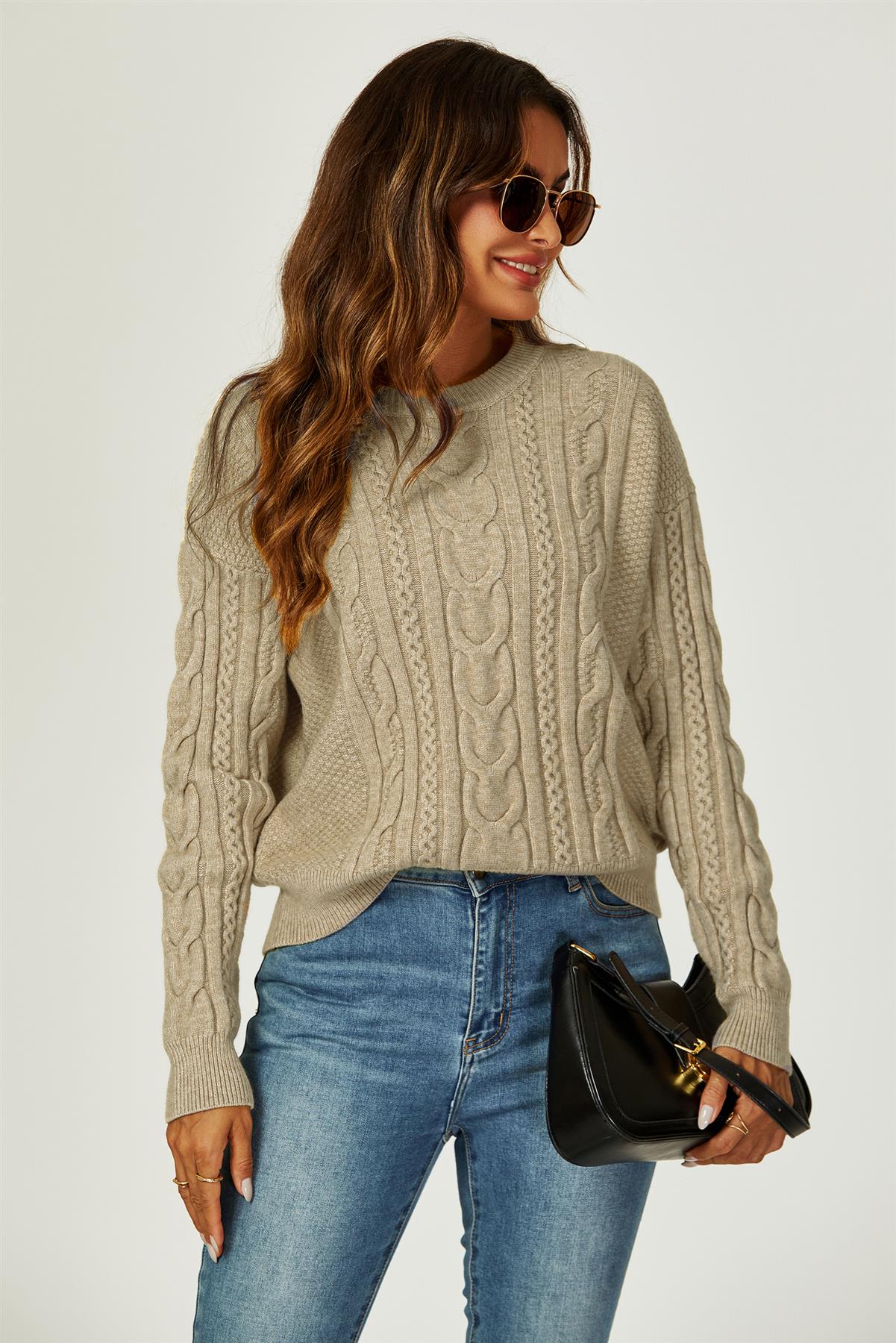 Cable Knit Crew Neck Jumper In Taupe - AXON
