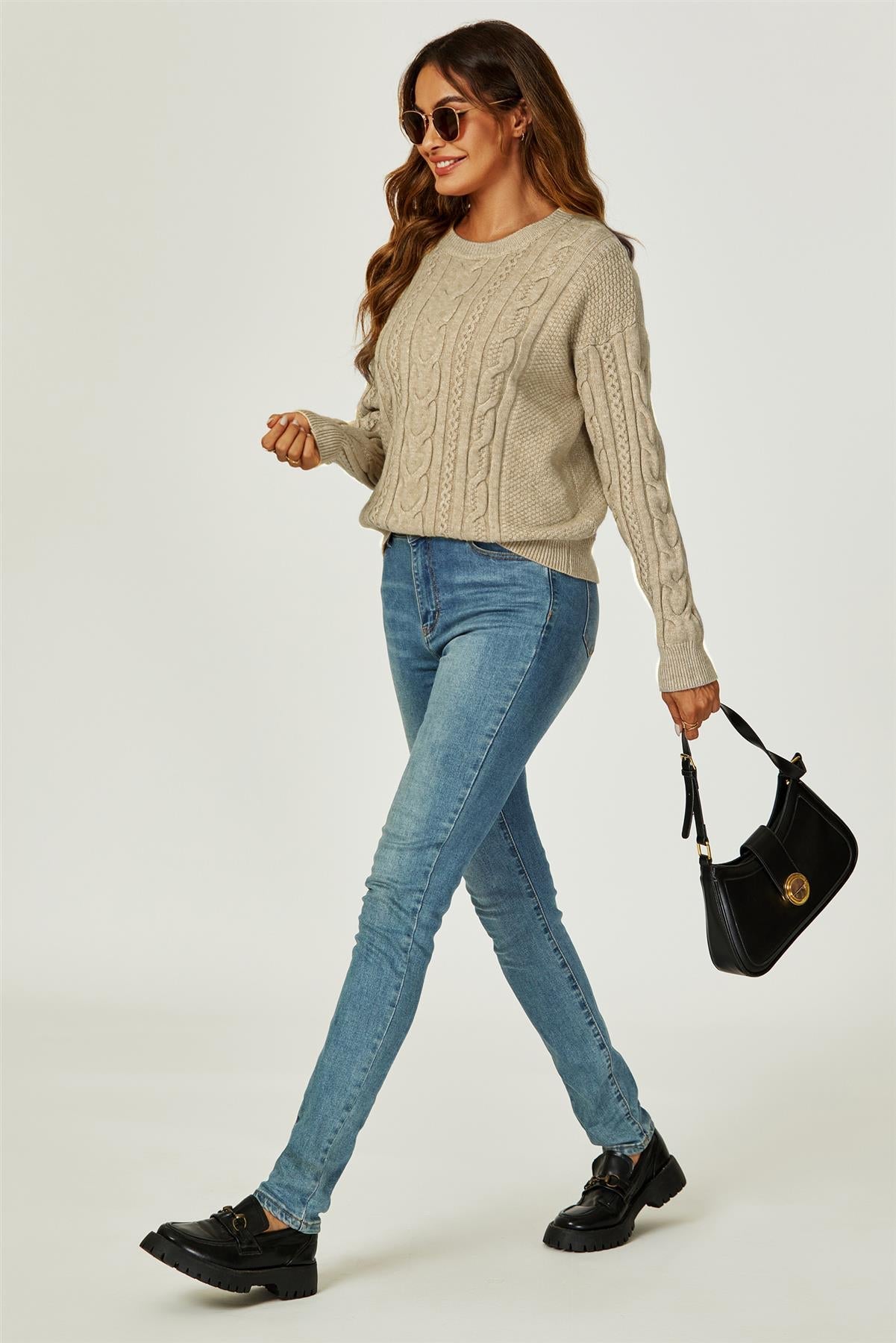 Cable Knit Crew Neck Jumper In Taupe - AXON