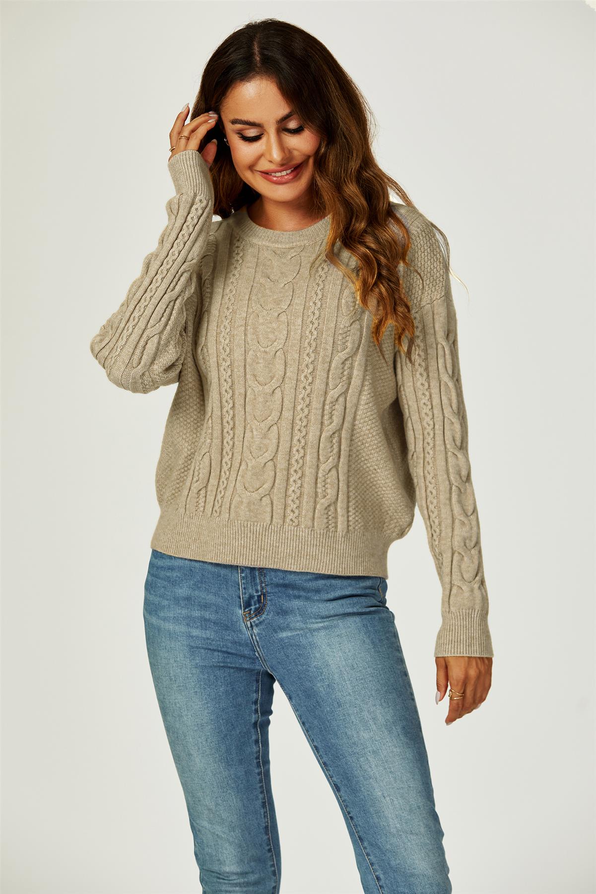 Cable Knit Crew Neck Jumper In Taupe - AXON