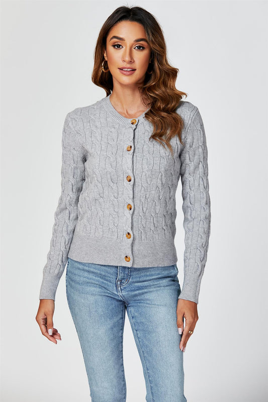 Cable - Knit Crewneck Cardigan In Grey - AXON