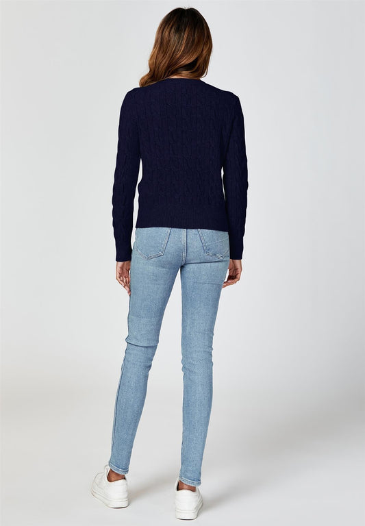 Cable - Knit Crewneck Cardigan In Navy - AXON