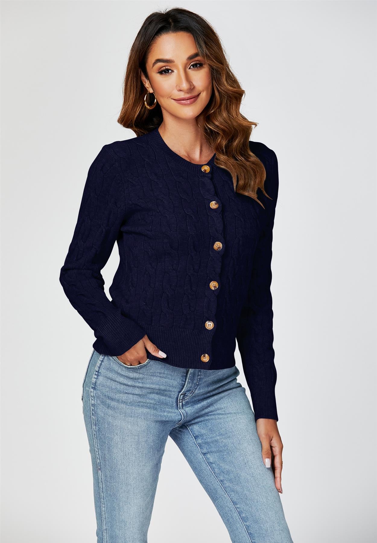 Cable - Knit Crewneck Cardigan In Navy - AXON