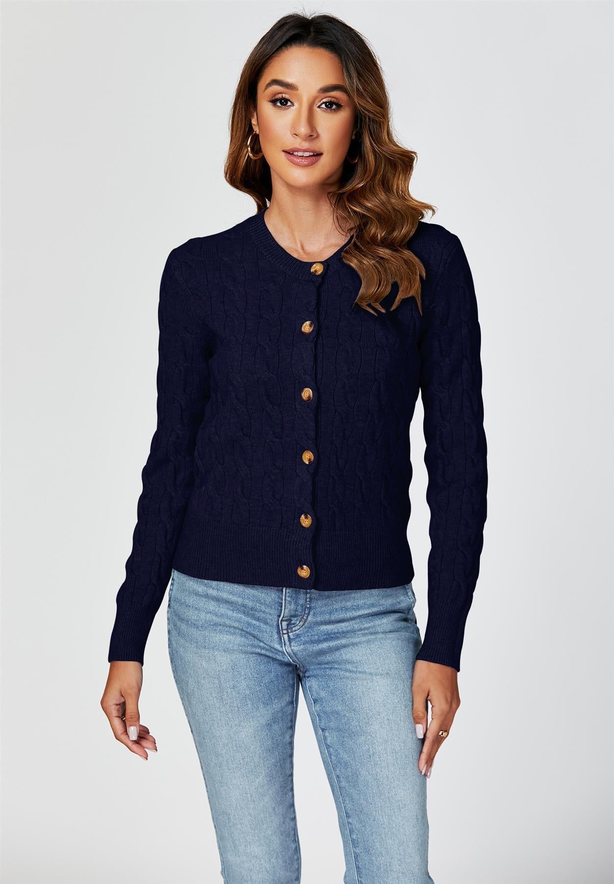 Cable - Knit Crewneck Cardigan In Navy - AXON