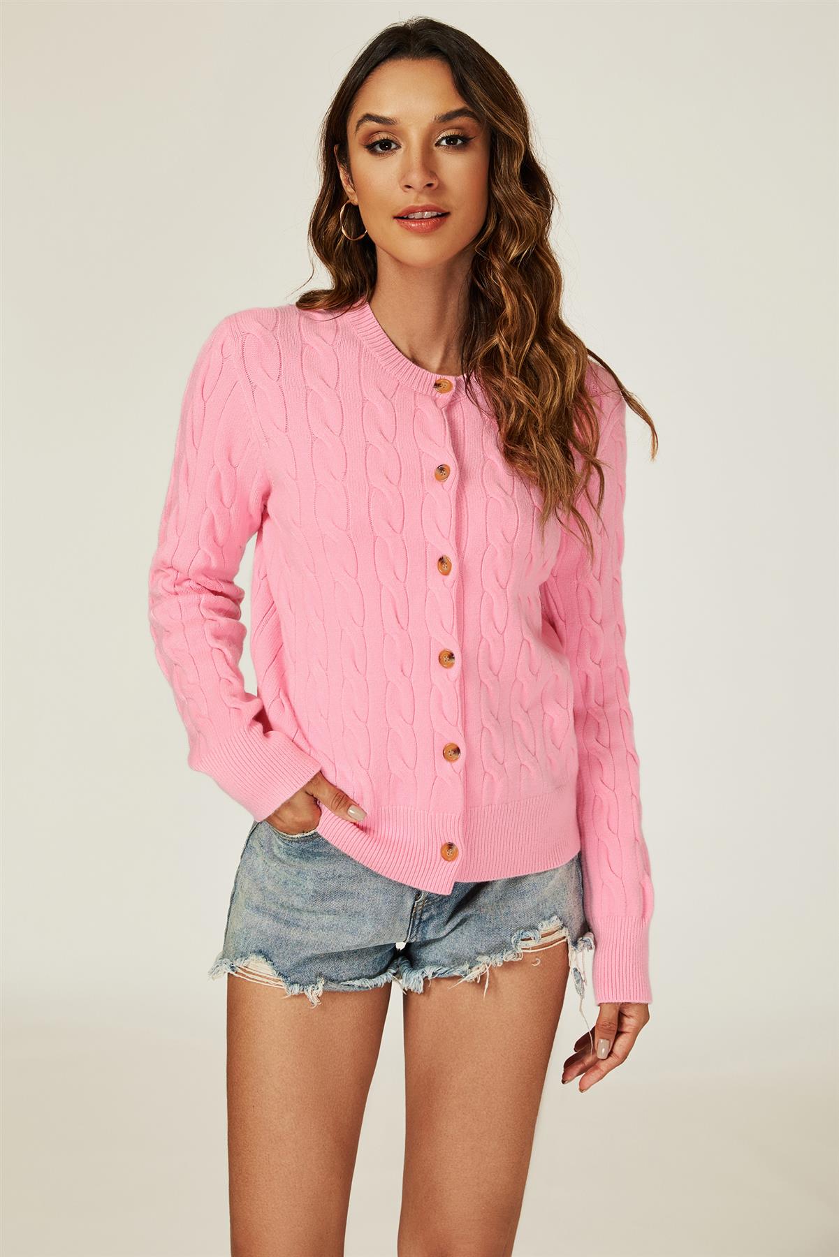 Cable - Knit Crewneck Cardigan In Pink - AXON