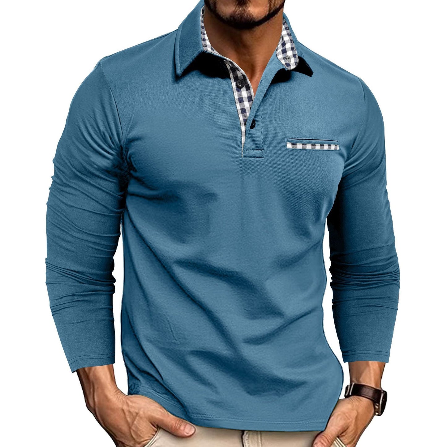 Casual Plaid Splicing Lapel Polo Shirt Fashion Solid Color Long Sleeve Top Men´s Fashion - AXON