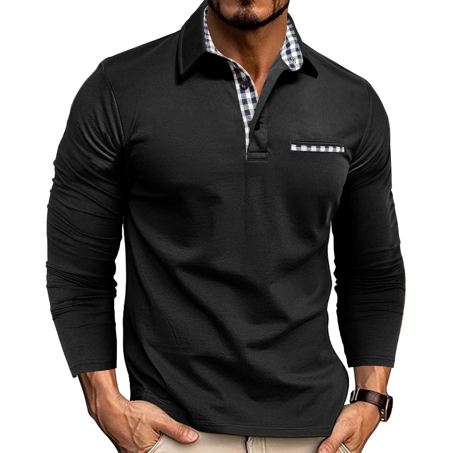 Casual Plaid Splicing Lapel Polo Shirt Fashion Solid Color Long Sleeve Top Men´s Fashion - AXON