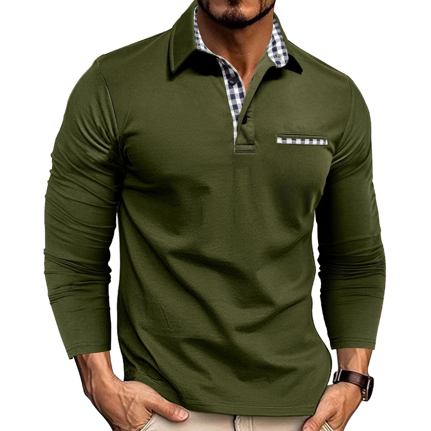 Casual Plaid Splicing Lapel Polo Shirt Fashion Solid Color Long Sleeve Top Men´s Fashion - AXON