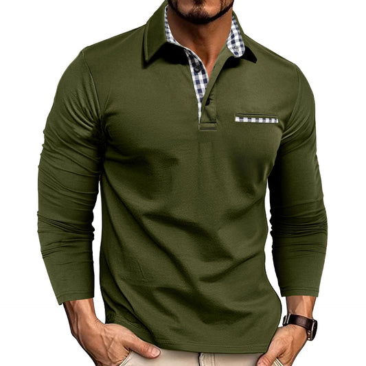 Casual Plaid Splicing Lapel Polo Shirt Fashion Solid Color Long Sleeve Top Men´s Fashion - AXON