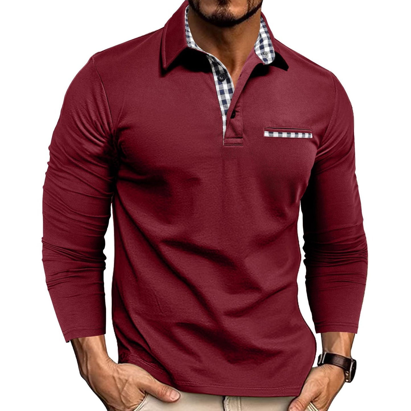 Casual Plaid Splicing Lapel Polo Shirt Fashion Solid Color Long Sleeve Top Men´s Fashion - AXON