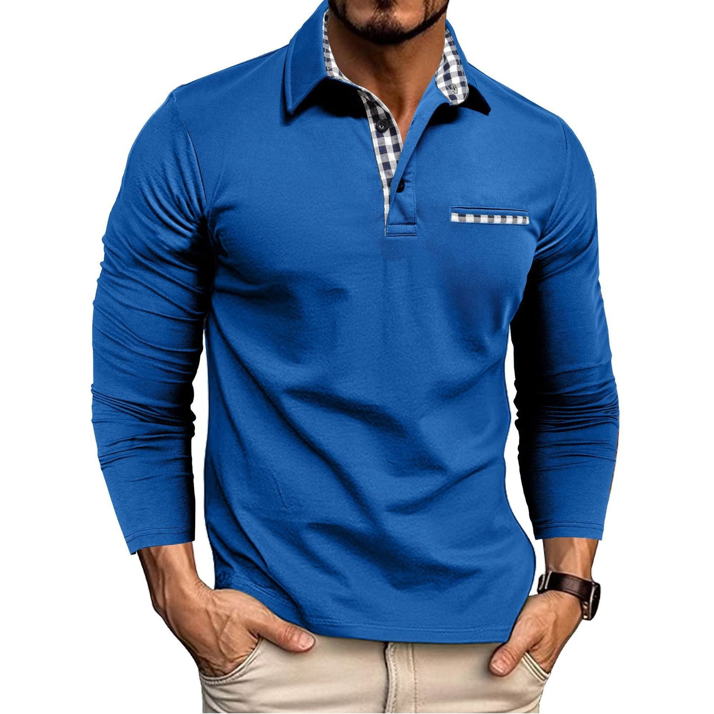 Casual Plaid Splicing Lapel Polo Shirt Fashion Solid Color Long Sleeve Top Men´s Fashion - AXON