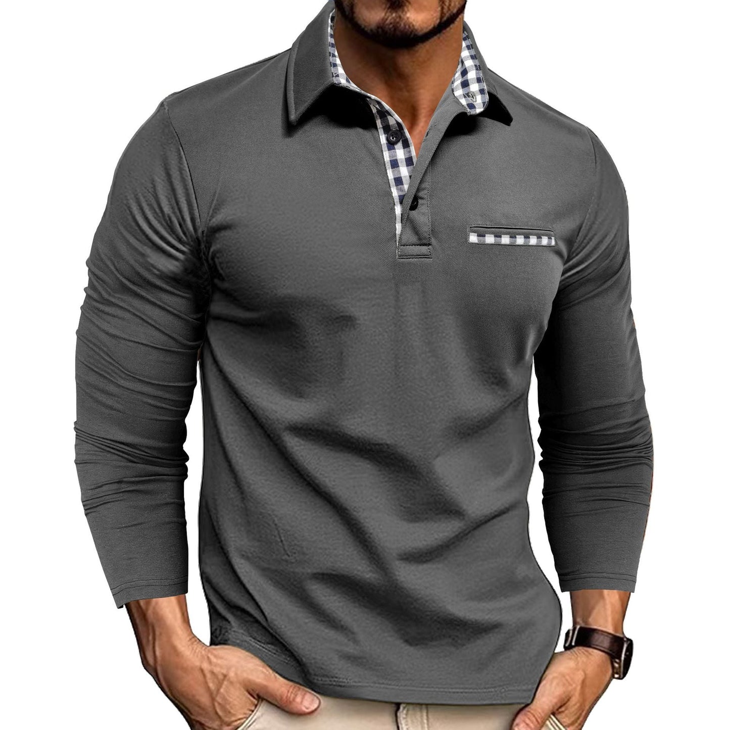Casual Plaid Splicing Lapel Polo Shirt Fashion Solid Color Long Sleeve Top Men´s Fashion - AXON