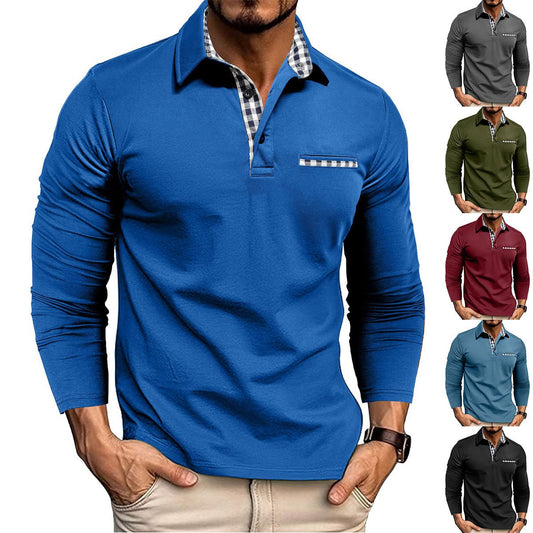 Casual Plaid Splicing Lapel Polo Shirt Fashion Solid Color Long Sleeve Top Men´s Fashion - AXON