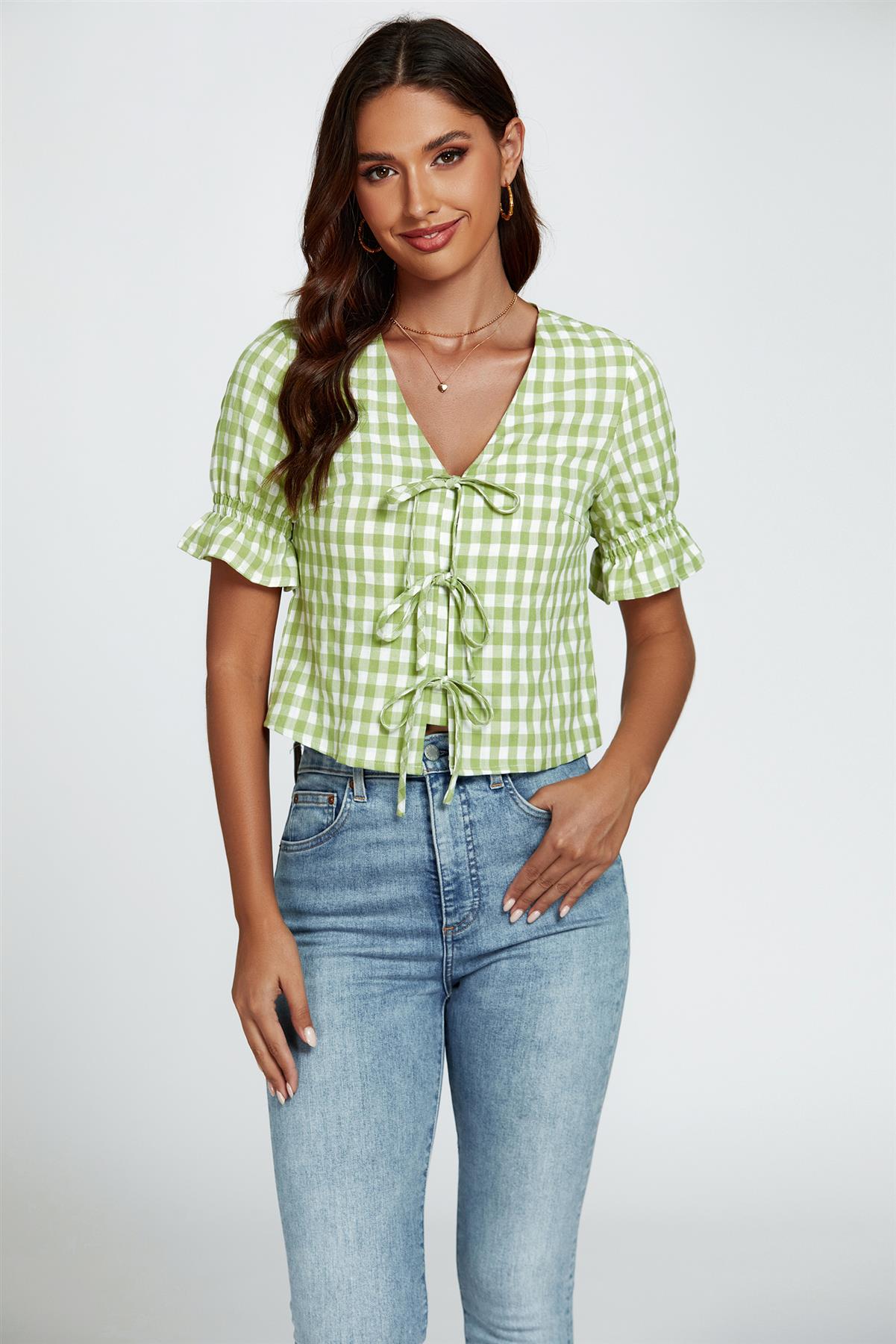 Check Print Tie Front Top In Green - AXON