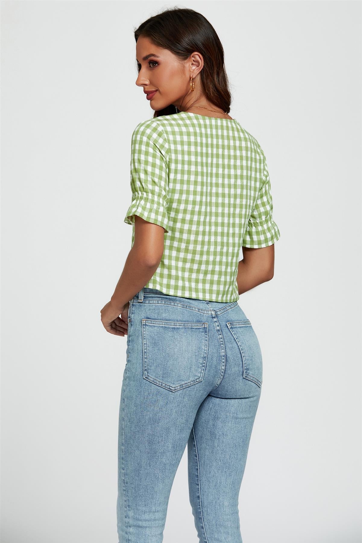 Check Print Tie Front Top In Green - AXON