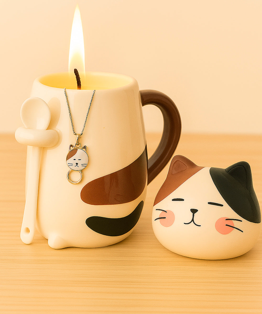 Schmuck Duftkerze mit Motiv Katze, in Keramiktasse mit Deckel und Löffel