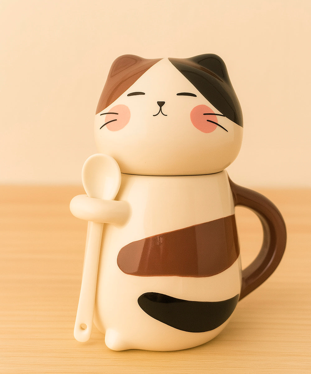 Schmuck Duftkerze mit Motiv Katze, in Keramiktasse mit Deckel und Löffel