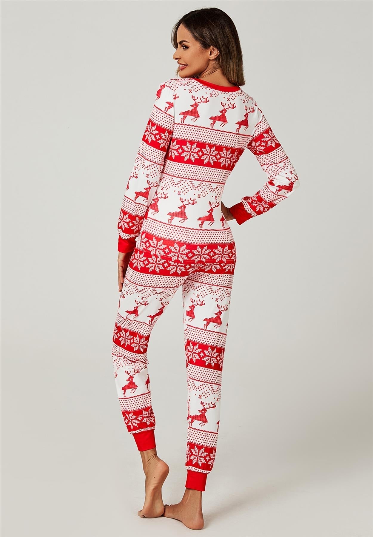 Christmas Long Sleeve SweatShirt Top & Trousers Co Ord Pyjama Sets In White & Red Snow Reindeer - AXON