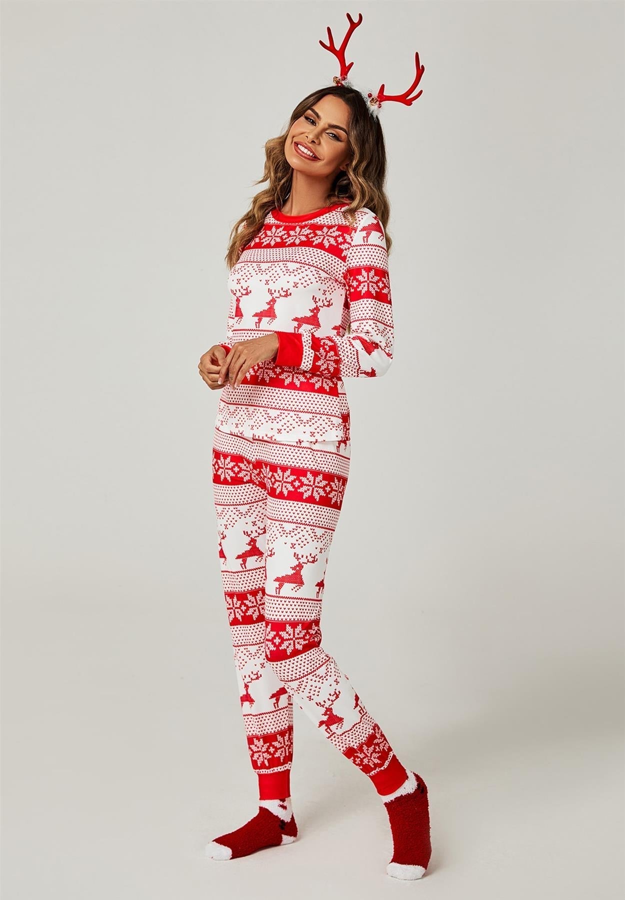 Christmas Long Sleeve SweatShirt Top & Trousers Co Ord Pyjama Sets In White & Red Snow Reindeer - AXON