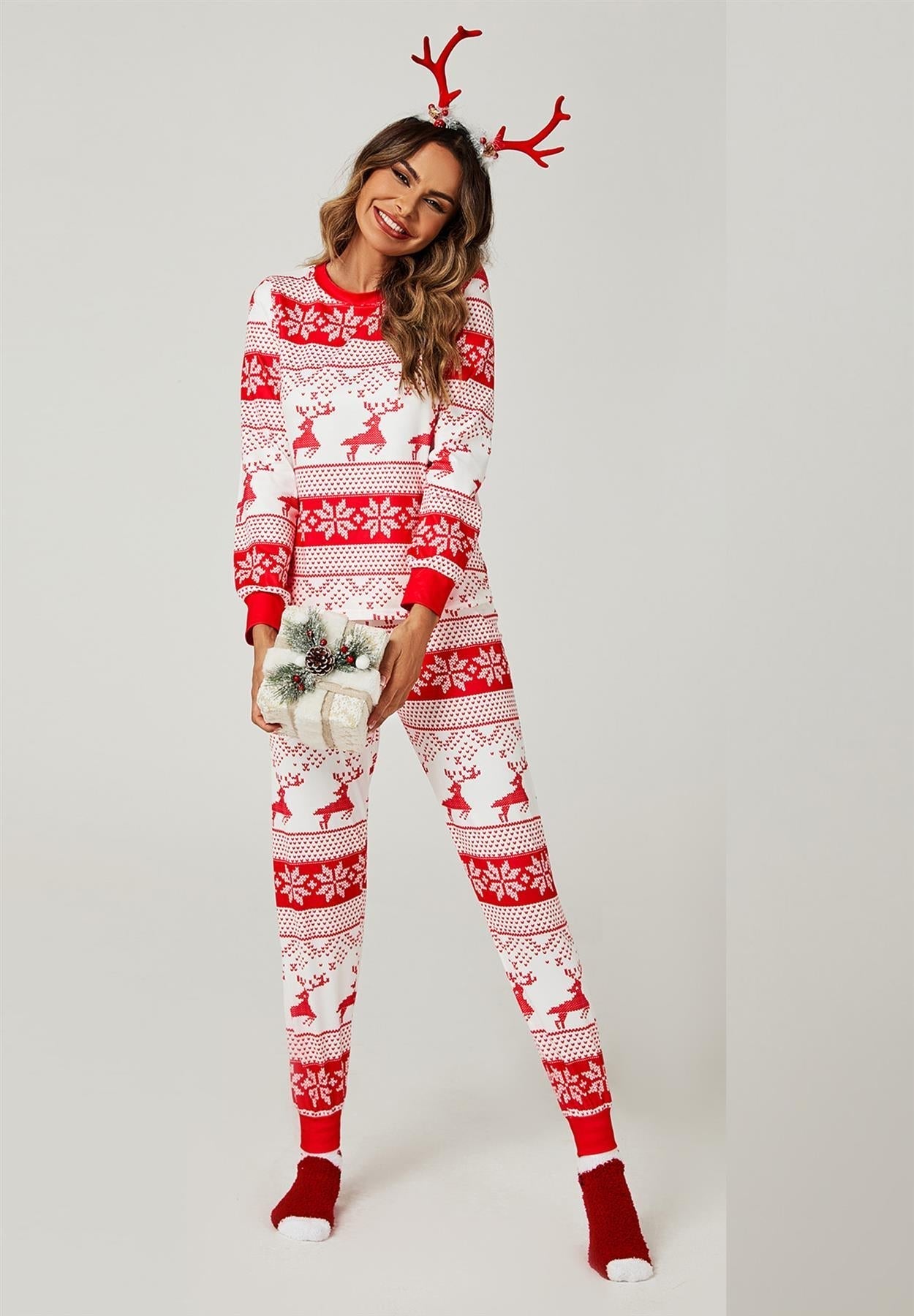 Christmas Long Sleeve SweatShirt Top & Trousers Co Ord Pyjama Sets In White & Red Snow Reindeer - AXON