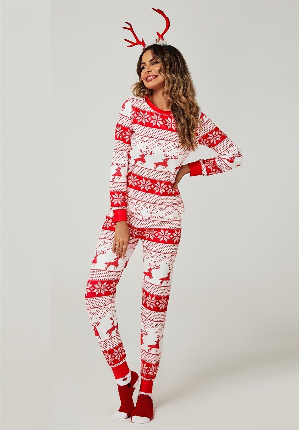 Christmas Long Sleeve SweatShirt Top & Trousers Co Ord Pyjama Sets In White & Red Snow Reindeer - AXON