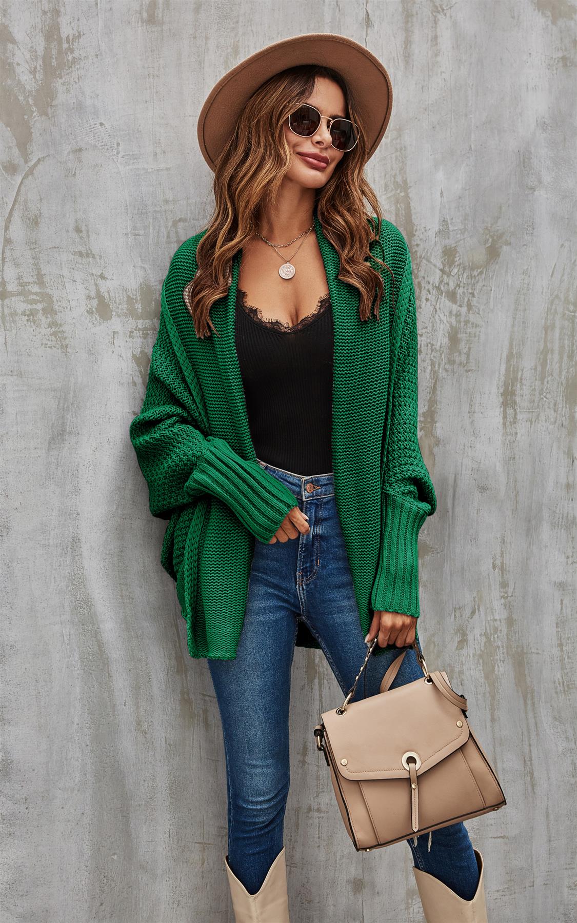 Chunky Pleat Oversized Cardigan In Dark Green - AXON
