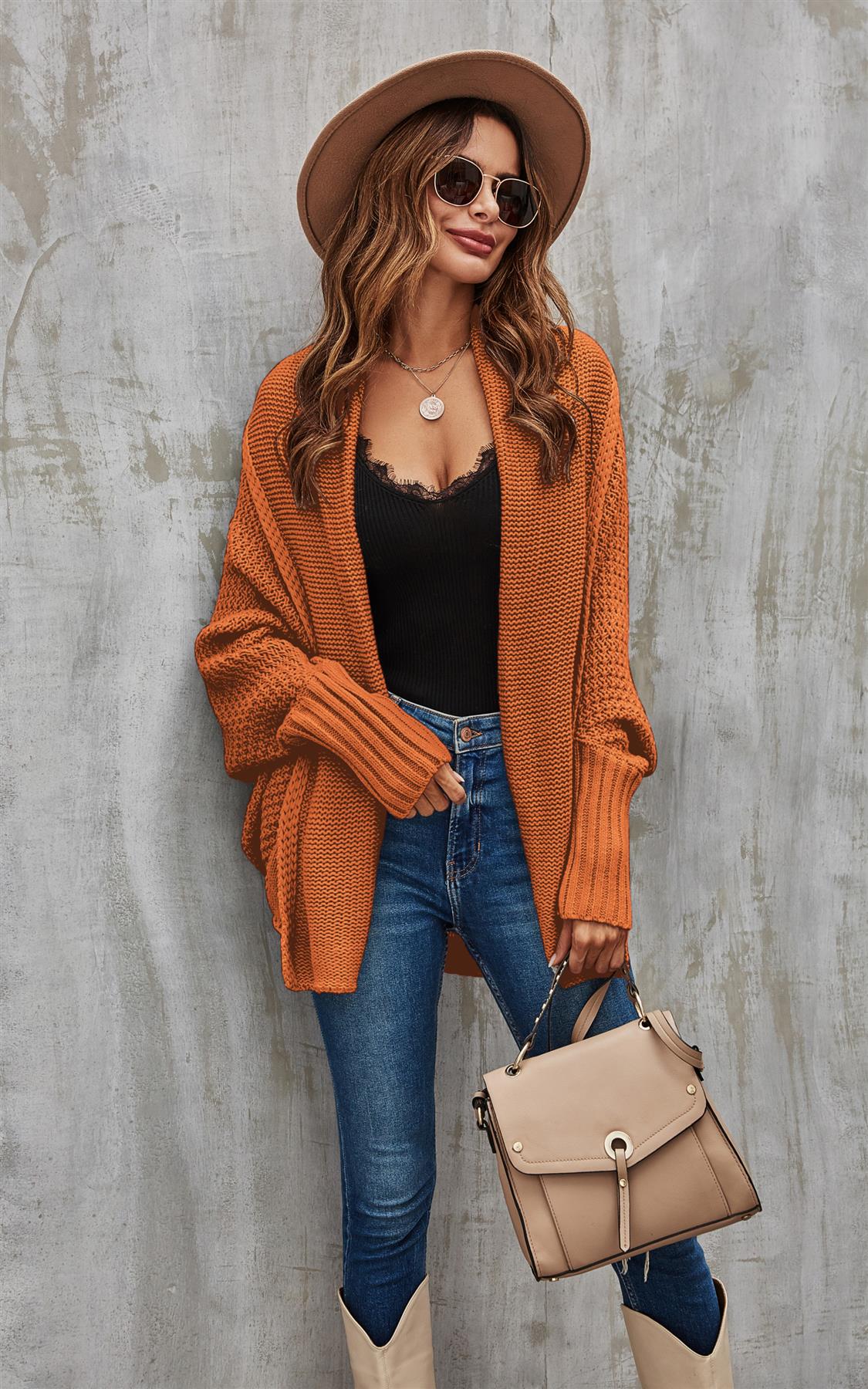 Chunky Pleat Oversized Cardigan In Rusty Orange - AXON