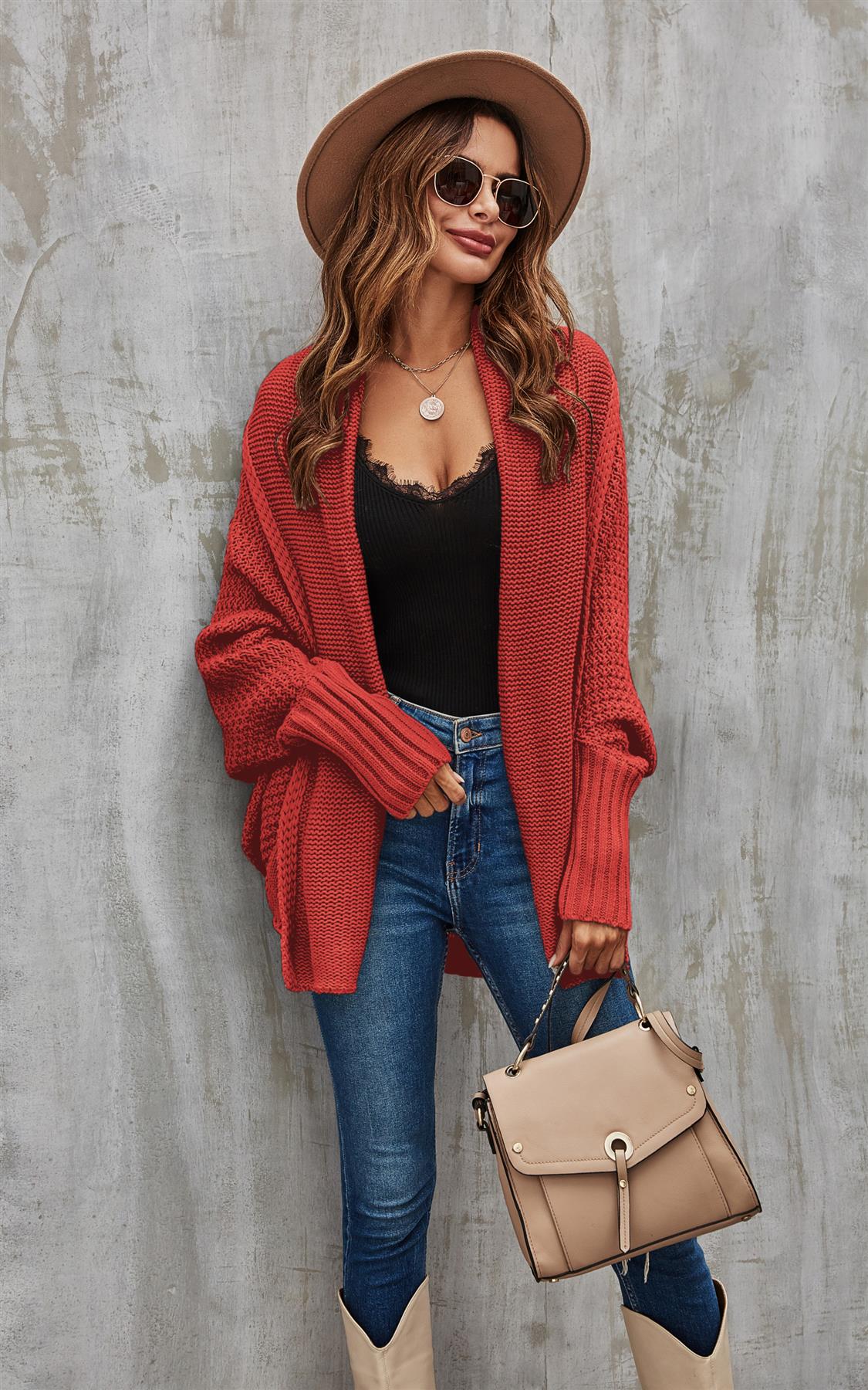 Chunky Pleat Oversized Cardigan In Rusty Red - AXON