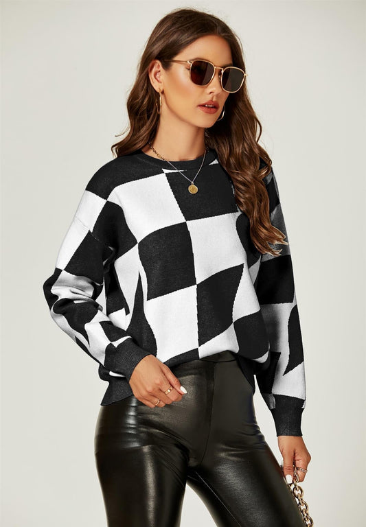 Comfy Geometric Pattern Jumper Top In Black & White - AXON