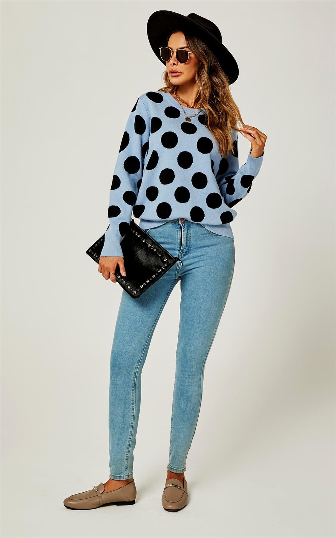 Comfy Knit Black Polka Dot Pattern Jumper Top In Blue - AXON