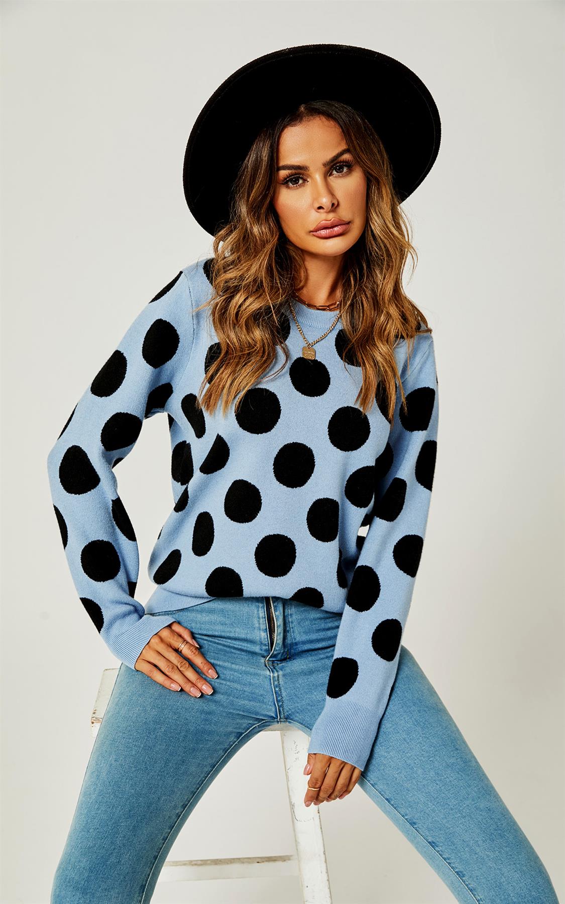 Comfy Knit Black Polka Dot Pattern Jumper Top In Blue - AXON