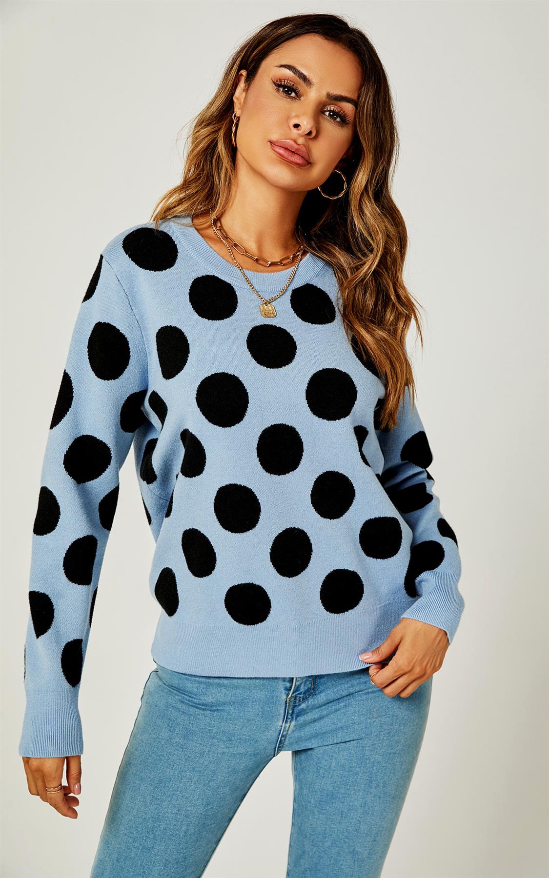 Comfy Knit Black Polka Dot Pattern Jumper Top In Blue - AXON