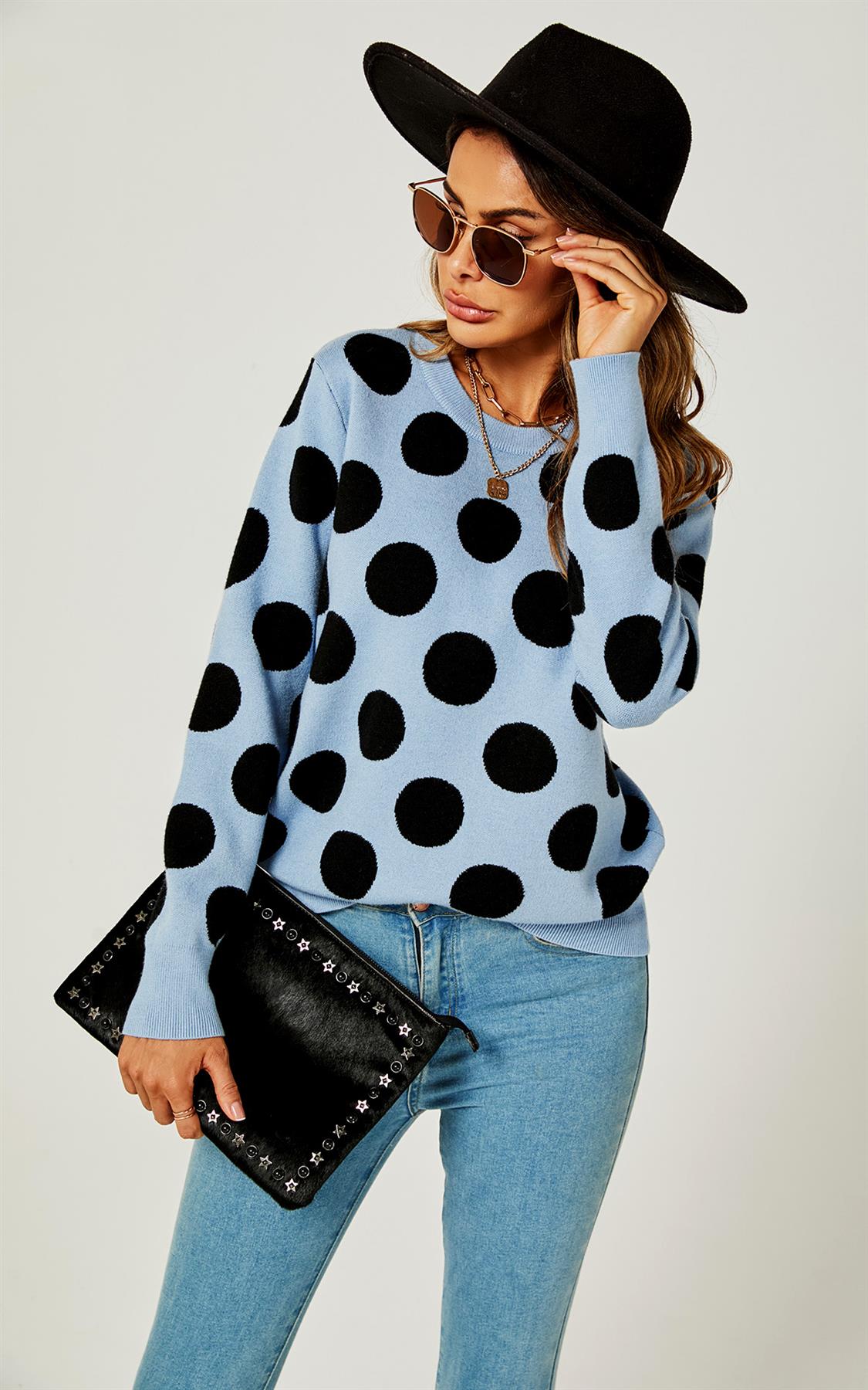 Comfy Knit Black Polka Dot Pattern Jumper Top In Blue - AXON