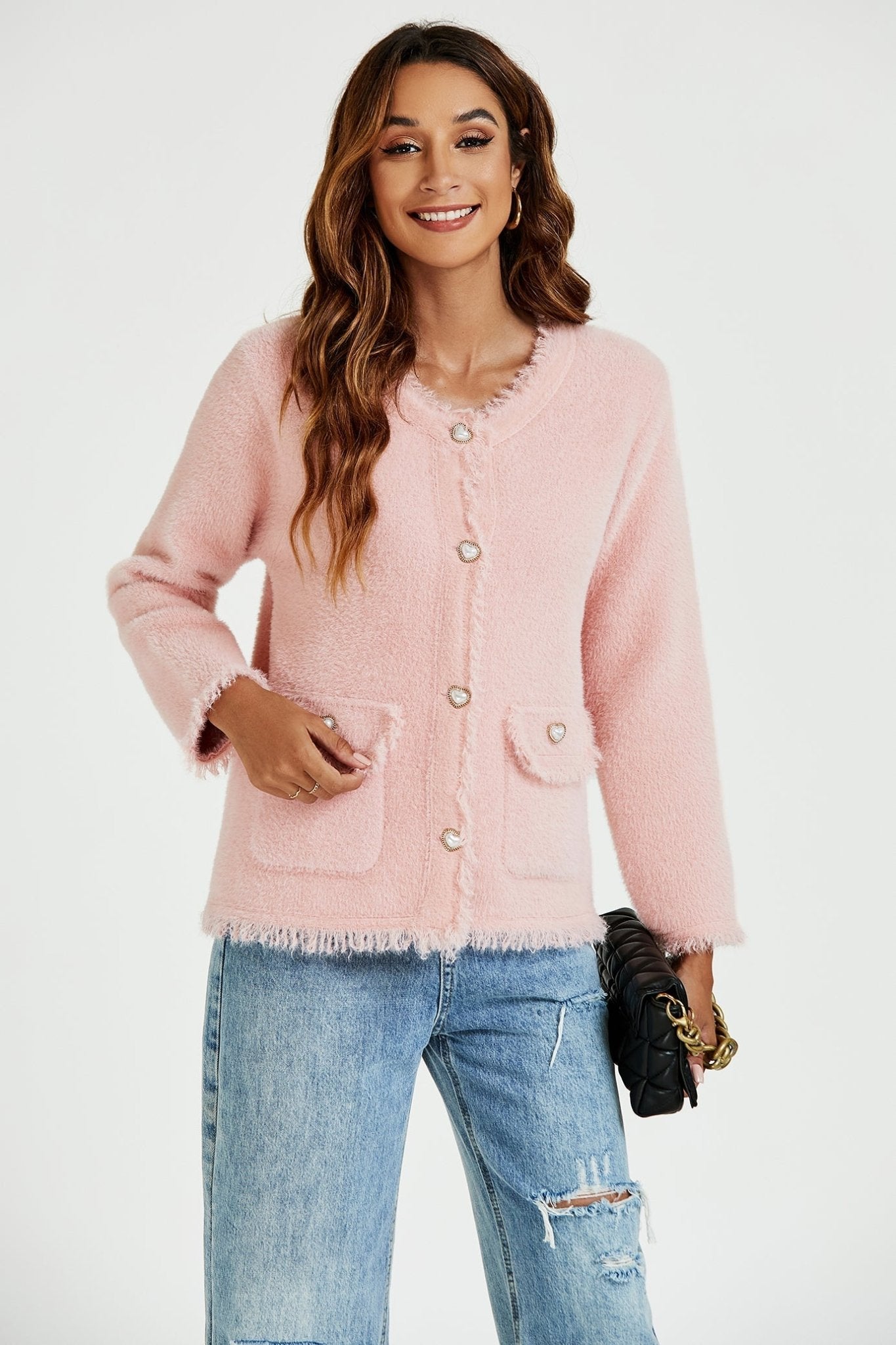 Cotton Blend Frayed Edge Boucle Jacket in Pink - AXON