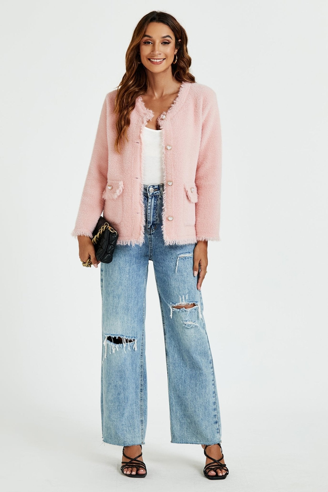 Cotton Blend Frayed Edge Boucle Jacket in Pink - AXON