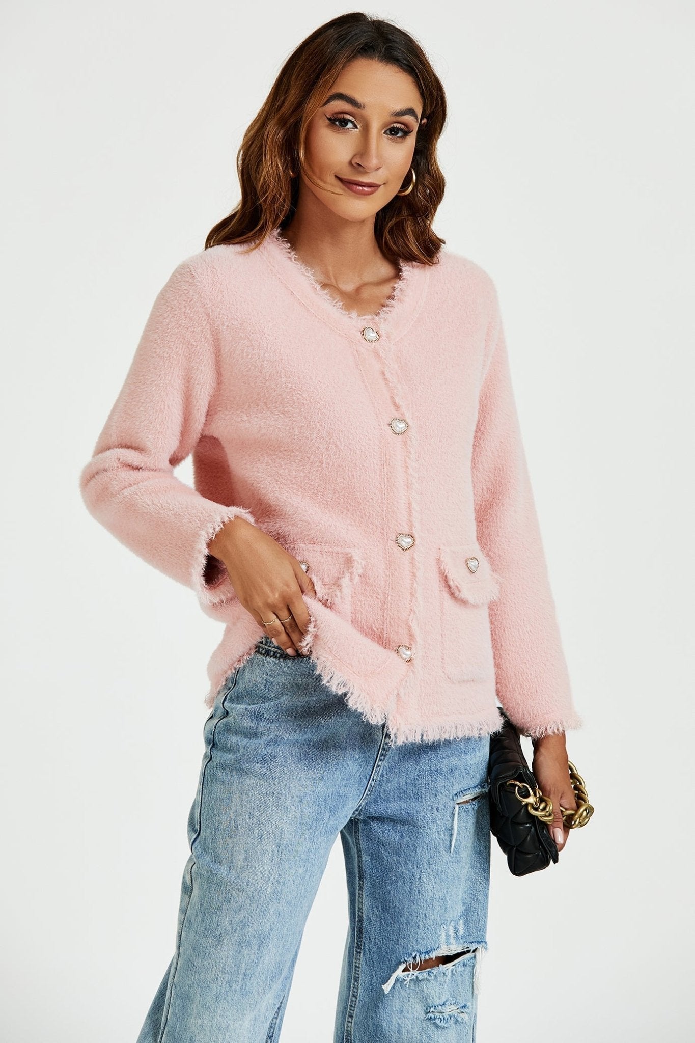 Cotton Blend Frayed Edge Boucle Jacket in Pink - AXON
