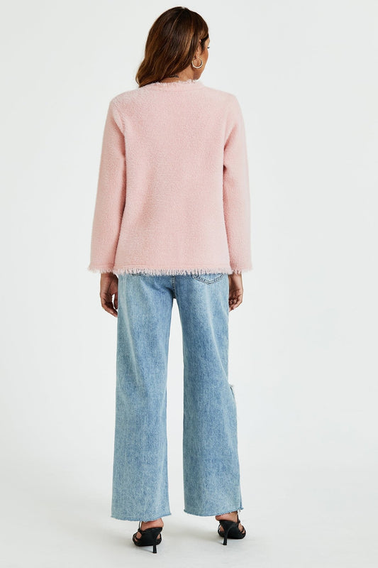 Cotton Blend Frayed Edge Boucle Jacket in Pink - AXON